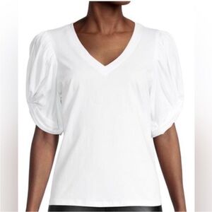 7 For All Mankind White V-Neck Puff Sleeve Tee